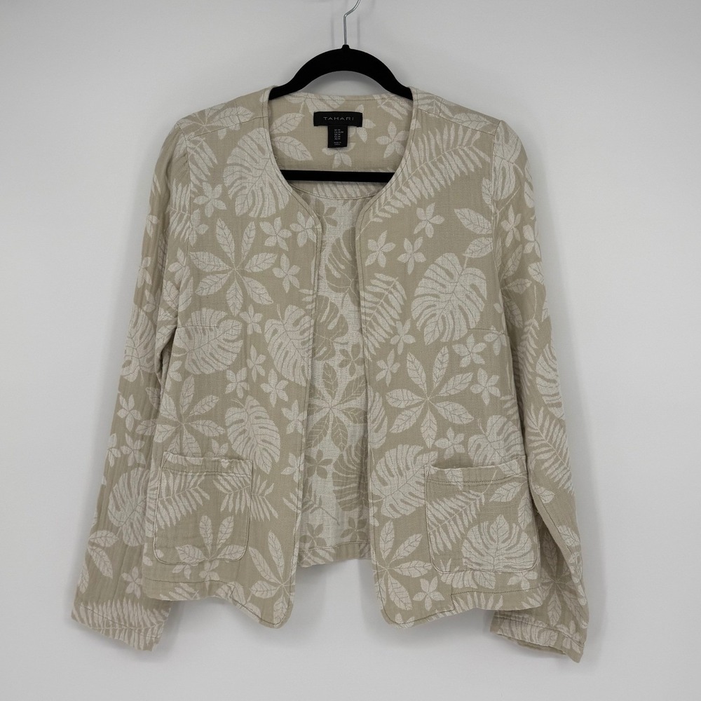 Tahari Womens Linen Cotton Tropical Leaf Open Front Cardigan Jacket Tan Size M